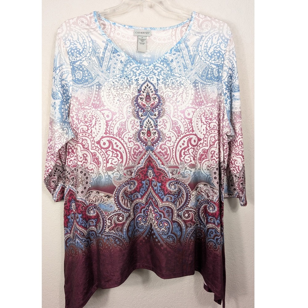 Catherines Tunic Top Women 1X Multi Paisley Rhinestone Sharkbite 3/4 Sleeve